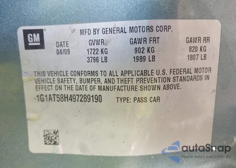 2009 Chevrolet Cobalt Lt z USA, uszkodzony, nr VIN 1G1AT58H497289190